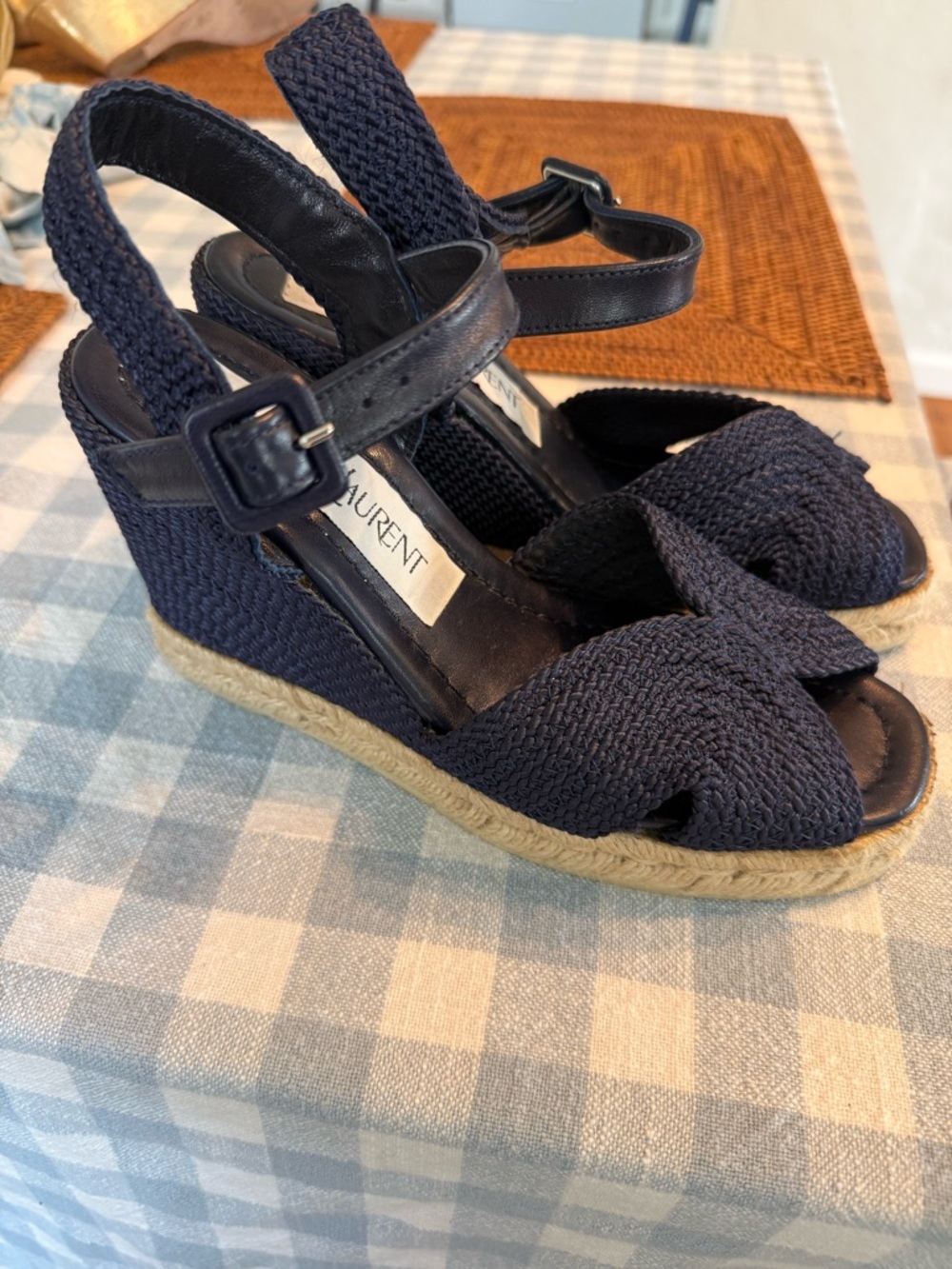 Saint Laurent Tribute Navy Woven Espadrille Wedge Sandals